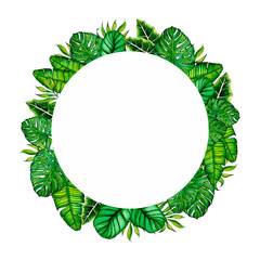Fototapeta premium Watercolor tropical leaves wreath. Copyspase foliage frame .