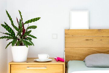 A wooden bedside table with Calathea in a flowerpot, a tea or coffee cup on a saucer, and a pink vibrator. Head of the wooden bed is decorated with a white frame with copy space. Morning concept.