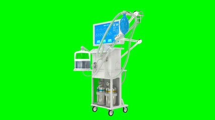 ICU medical ventilator 3d renders isolated on green, medicine 3d illustration