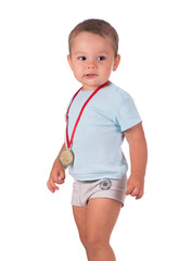 Sports success and victory concept - smiling boy champion, athlete holding first victory gold medal award.