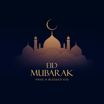 Eid Mubarak Islamic Design Crescent Moon and Mosque Illustration