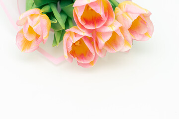 A bouquet of delicate pink and yellow tulips on a white light background. Spring mood and spring concept. copy space and space for text