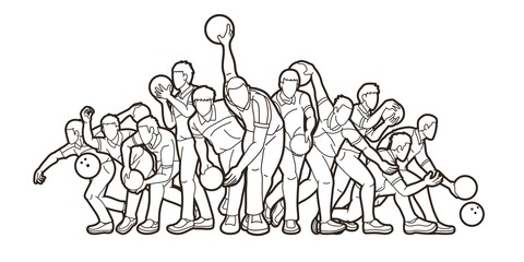 Fototapeta na wymiar Group of Bowling Sport Male Players Action Cartoon Graphic Vector