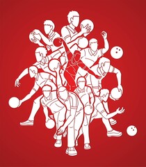 Group of Bowling Sport Male Players Action Cartoon Graphic Vector