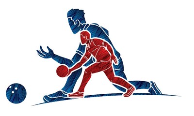 Group of Bowling Sport Male Players Action Cartoon Graphic Vector