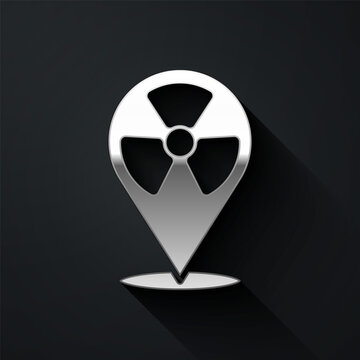 Silver Radioactive in location icon isolated on black background. Radioactive toxic symbol. Radiation Hazard sign. Long shadow style. Vector