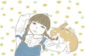 原っぱに寝転ぶ三つ編みの女の子とかわいいうさぎ