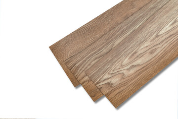 Vinyl tiles for home interior design for house renovation. New wooden pattern vinyl tile. Vinyl flooring material. Polymer vinyl sheet for new home floor. PVC material isolated on white background.