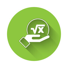 White Square root of x glyph icon isolated with long shadow. Mathematical expression. Green circle button. Vector