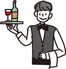 ワインを持ったウエイターのシンプルなイラスト