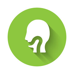 White Sore throat icon isolated with long shadow. Pain in throat. Flu, grippe, influenza, angina. Healthcare and medical. Green circle button. Vector