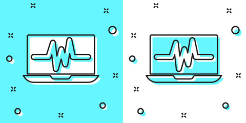 Black line Laptop with cardiogram icon isolated on green and white background. Monitoring icon. ECG monitor with heart beat hand drawn. Random dynamic shapes. Vector