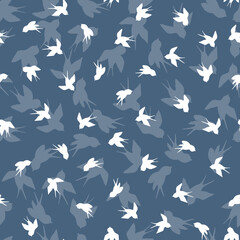 Fototapeta na wymiar Seamless pattern with white swallow silhouette on blue background. Cute bird in flight. Vector illustration. Doodle style. Design for invitation, poster, card, fabric, textile