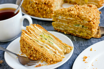 Layered honey cake with cream custard and fruit pieces