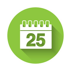 White Calendar icon isolated with long shadow. Event reminder symbol. Green circle button. Vector