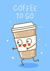 Cute coffee cup on blue background - cartoon character for coffee to go