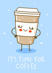 Cute coffee cup on blue background - cartoon character for coffee to go