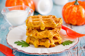 Pumpkin waffles, homemade snack spicy waffles with pumpkin puree