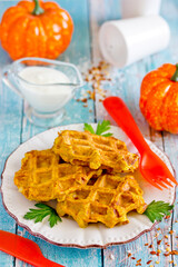 Pumpkin waffles, homemade snack spicy waffles with pumpkin puree