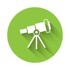 White Telescope icon isolated with long shadow. Scientific tool. Education and astronomy element, spyglass and study stars. Green circle button. Vector