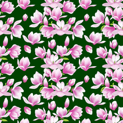Pink Magnolia flower blossom illustration seamless pattern on green