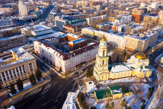Aerial view of the Christ-Nativity Cathedral in the city center surrounded by residential areas in winter in ..Lipetsk, Russia