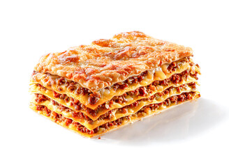 piece of baked lasagna with minced meat and cheese close-up isolated on white background 
 - obrazy, fototapety, plakaty