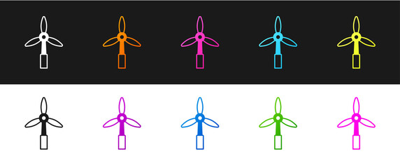 Set Wind turbine icon isolated on black and white background. Wind generator sign. Windmill for electric power production. Vector