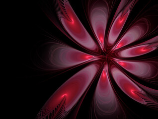 Abstract fractal red glowing flower on dark background
