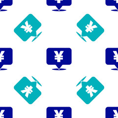 Blue Chinese Yuan currency symbol icon isolated seamless pattern on white background. Coin money. Banking currency sign. Cash symbol. Vector