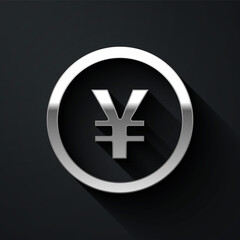 Obraz premium Silver Chinese Yuan currency symbol icon isolated on black background. Coin money. Banking currency sign. Cash symbol. Long shadow style. Vector
