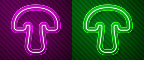 Glowing neon line Mushroom icon isolated on purple and green background. Vector