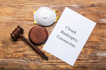 Judge gavel with protective mask and paper sheet with text CLOSED BANKRUPTCY CORONAVIRUS on wooden...