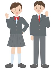 ガッツポーズをするブレザー制服の男の子と女の子