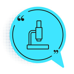 Black line Microscope icon isolated on white background. Chemistry, pharmaceutical instrument, microbiology magnifying tool. Blue speech bubble symbol. Vector