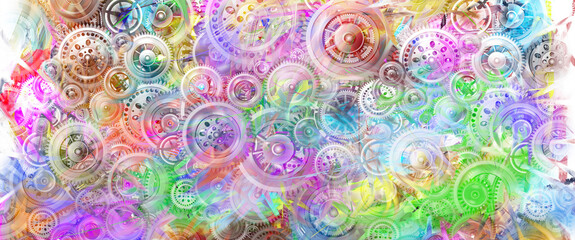 Technology development concept. Bright background from various mechanisms. Gears in motion. Concept for design and packaging. 3D image.