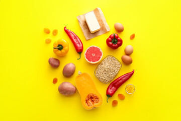 Healthy products on color background