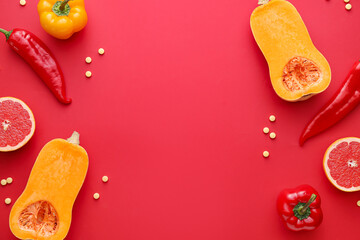 Healthy products with pills on color background