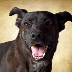 close-up portrait of dog on golden background