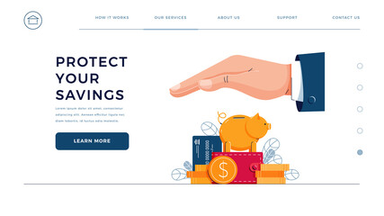 Protect your savings web template. Business hand covers the wealth, provides security. Piggy bank, credit card,coins stack. Money protection, finance insurance for homepage. Flat vector illustration