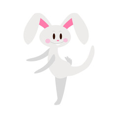 Cartoon flat hare. Cute rabbit. The rabbit is dancing. Kawaii rabbit isolated on white