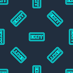Green line Fire exit icon isolated seamless pattern on blue background. Fire emergency icon. Vector