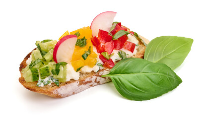Italian bruschetta with mozzarella cheese, isolated on white background. High resolution image