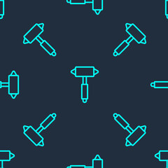Green line Firefighter axe icon isolated seamless pattern on blue background. Fire axe. Vector