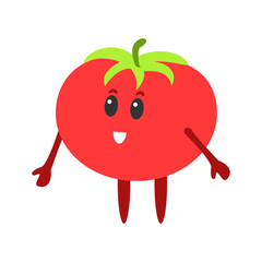 Cute cartoon flat vegetable. Cheerful kawaii tomato isolated on white. Cartoon flat vegetable character.