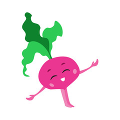 Nice little radish. Kawaii vegetable character. Lovely little radish
