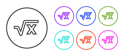 Black line Square root of x glyph icon isolated on white background. Mathematical expression. Set icons colorful. Vector