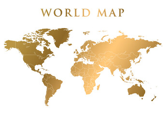 Gold world map illustration isolated on a white background