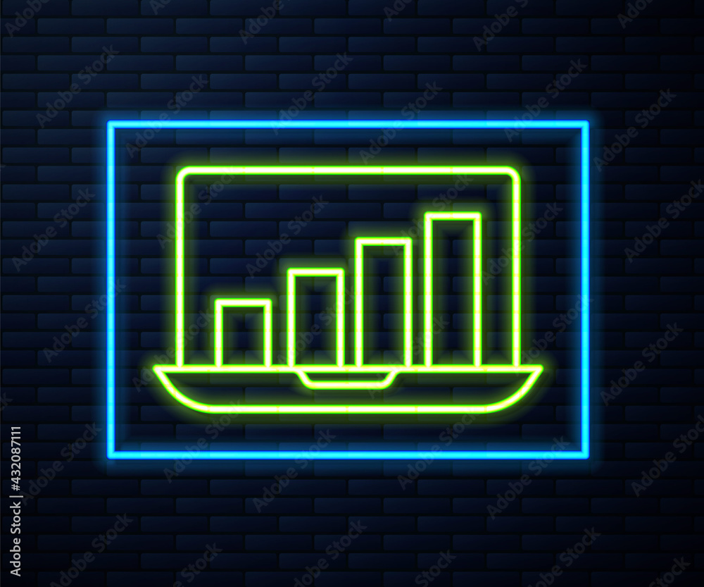 Fototapete Glowing neon line Laptop with graph chart icon isolated on brick wall background. Report text file icon. Accounting sign. Audit, analysis, planning. Vector