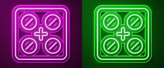 Glowing neon line Pills in blister pack icon isolated on purple and green background. Medical drug package for tablet, vitamin, antibiotic, aspirin. Vector